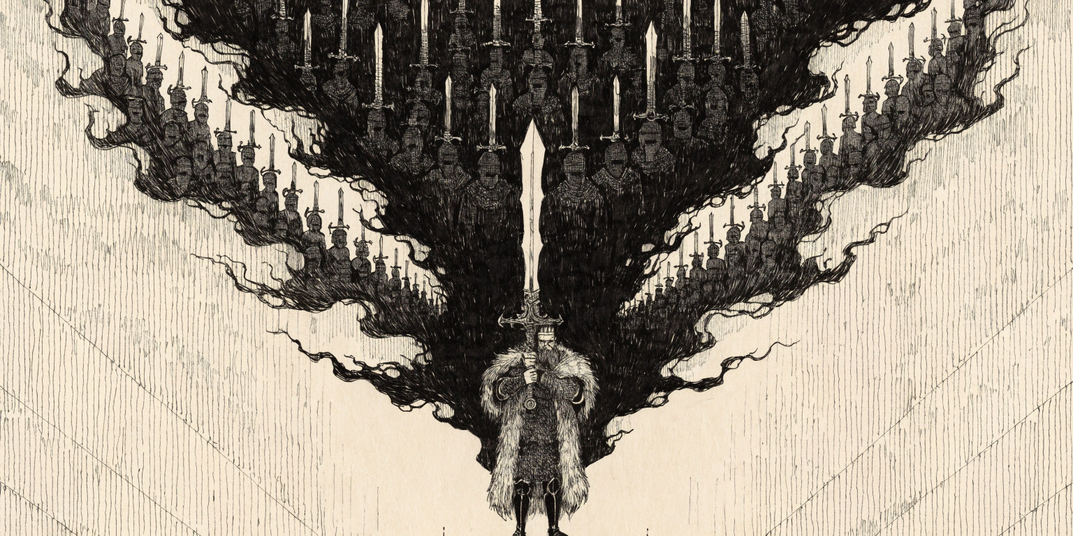 A pen-and-ink figure holding a sword, with ranks of armored figures branching above and behind him like a tree