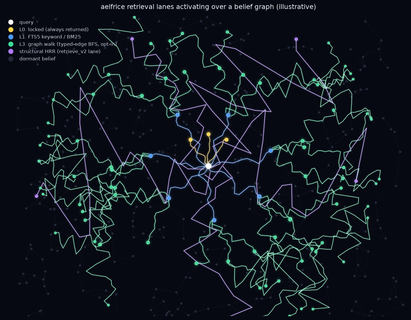 An illustrative schematic of the retrieval lanes of aelfrice over a belief graph: locked beliefs pinned at the query, keyword seeds from full-text search spreading outward, an optional typed-edge graph walk, and a structural lane for marker queries.