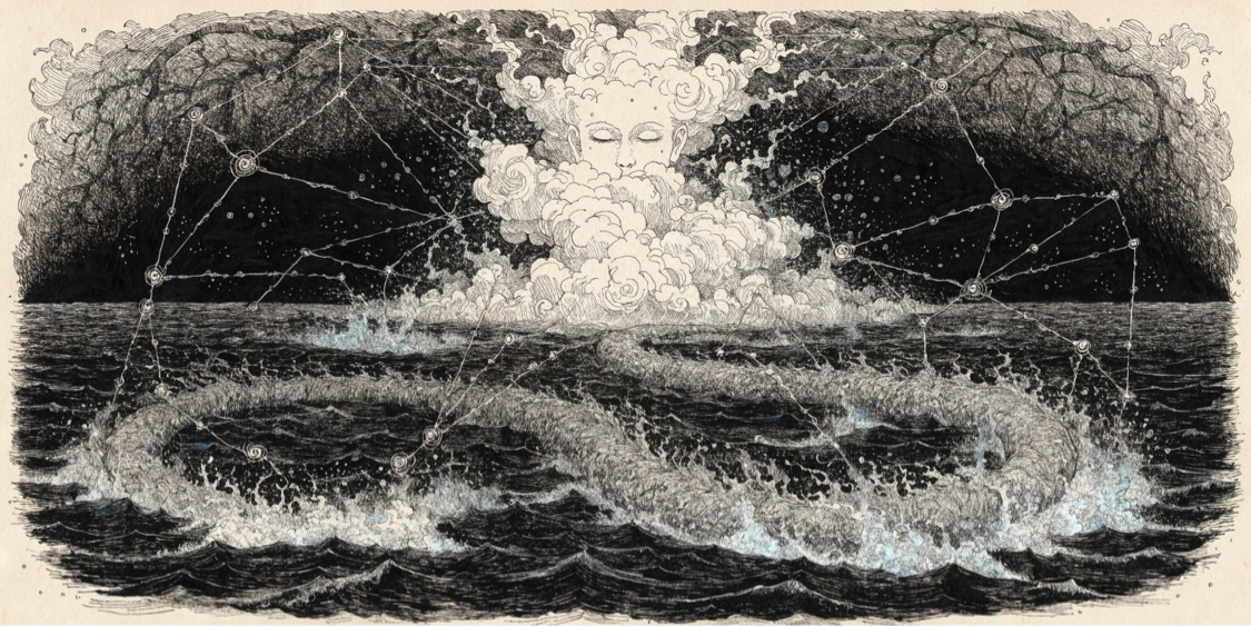 A figure of shimmering cloud rising from a dark sea, weaving threads of light into a constellation of beliefs
