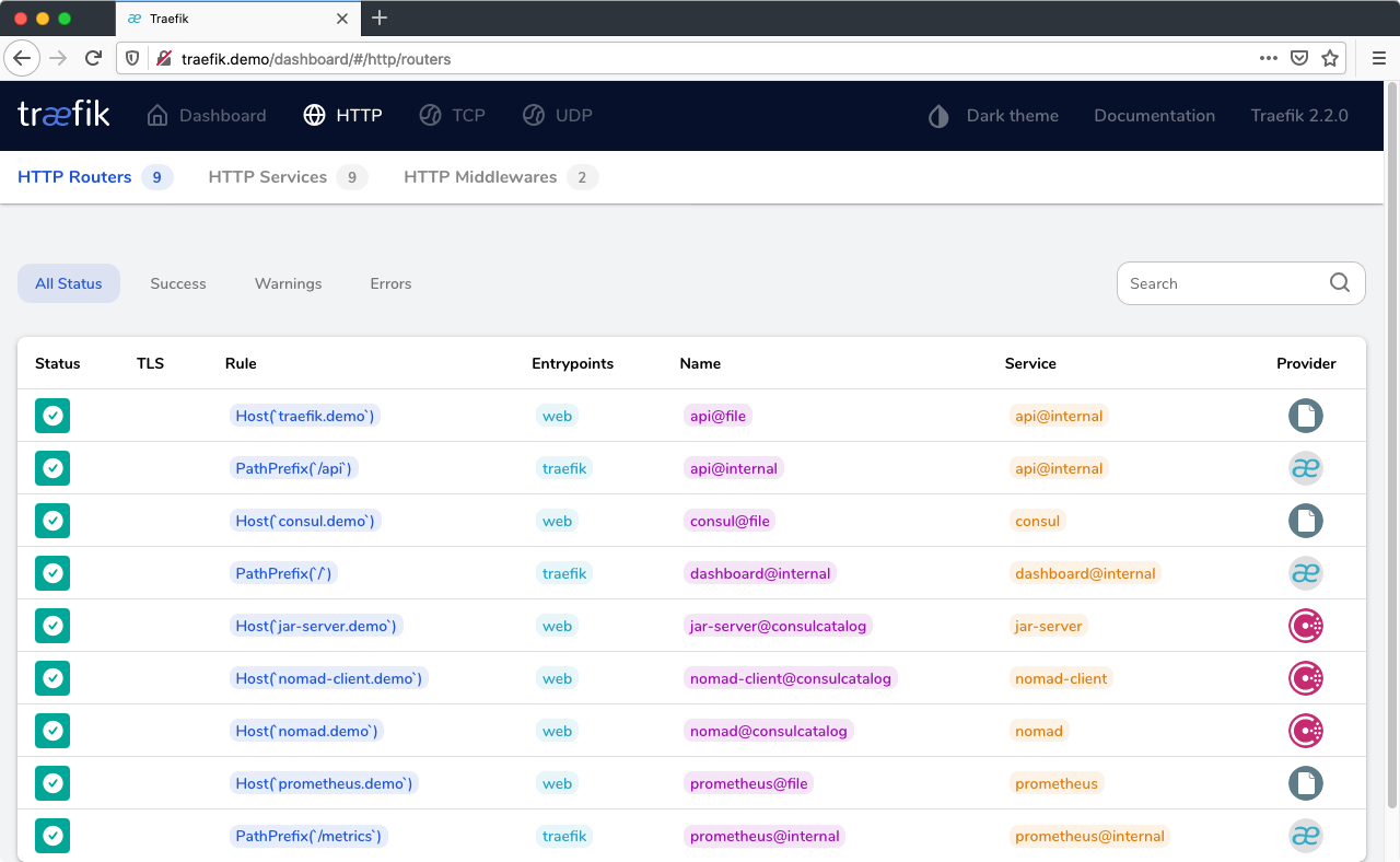 Screenshot of the Traefik UI: All HTTP routes