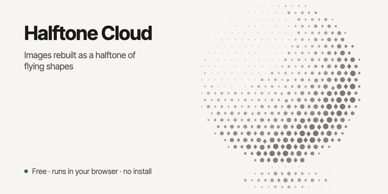 Halftone Cloud: Images rebuilt as a halftone of flying shapes
