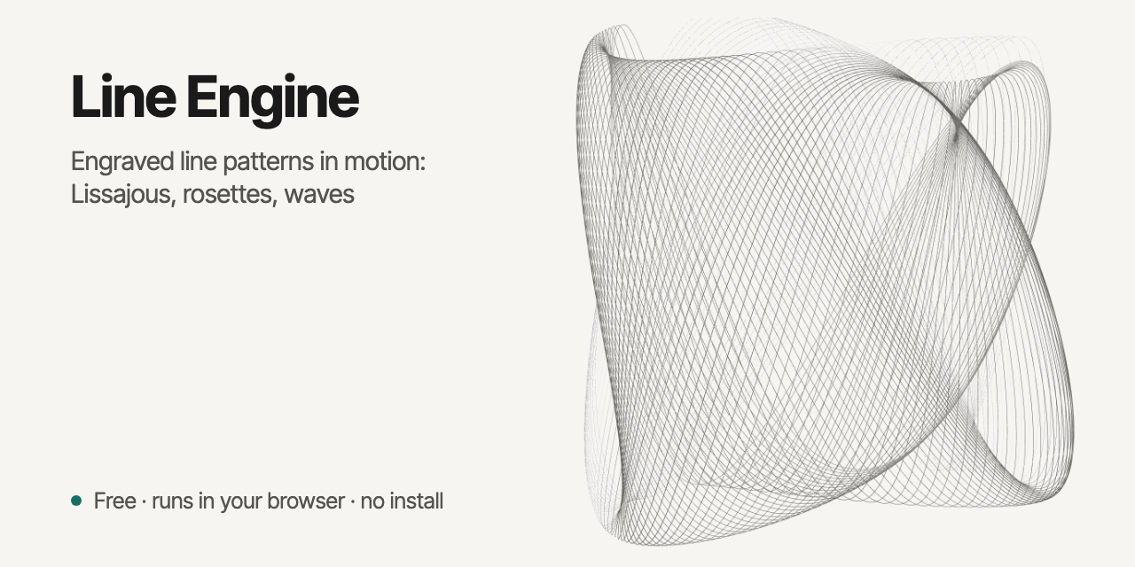 Line Engine: Engraved line patterns in motion: Lissajous, rosettes, waves