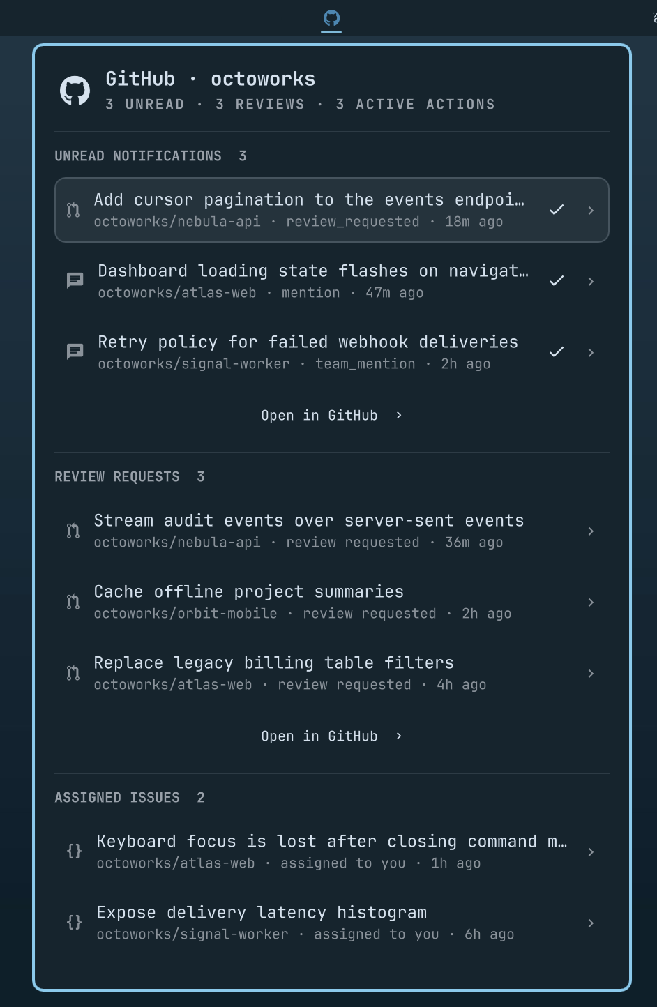 Omarchy GitHub dashboard showing notifications, review requests, and assigned issues
