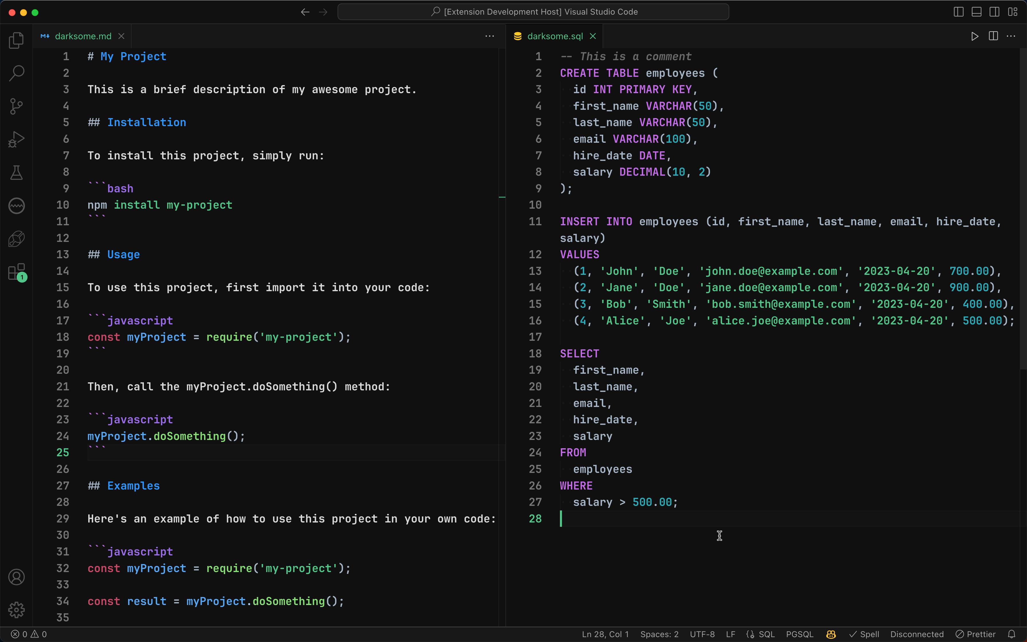 Markdown and SQL Syntax Highlighting