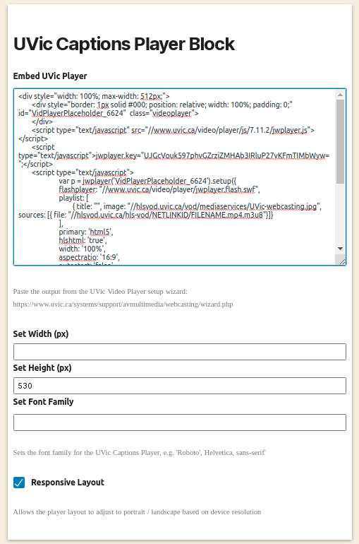 UVic Captions Player Block Editor