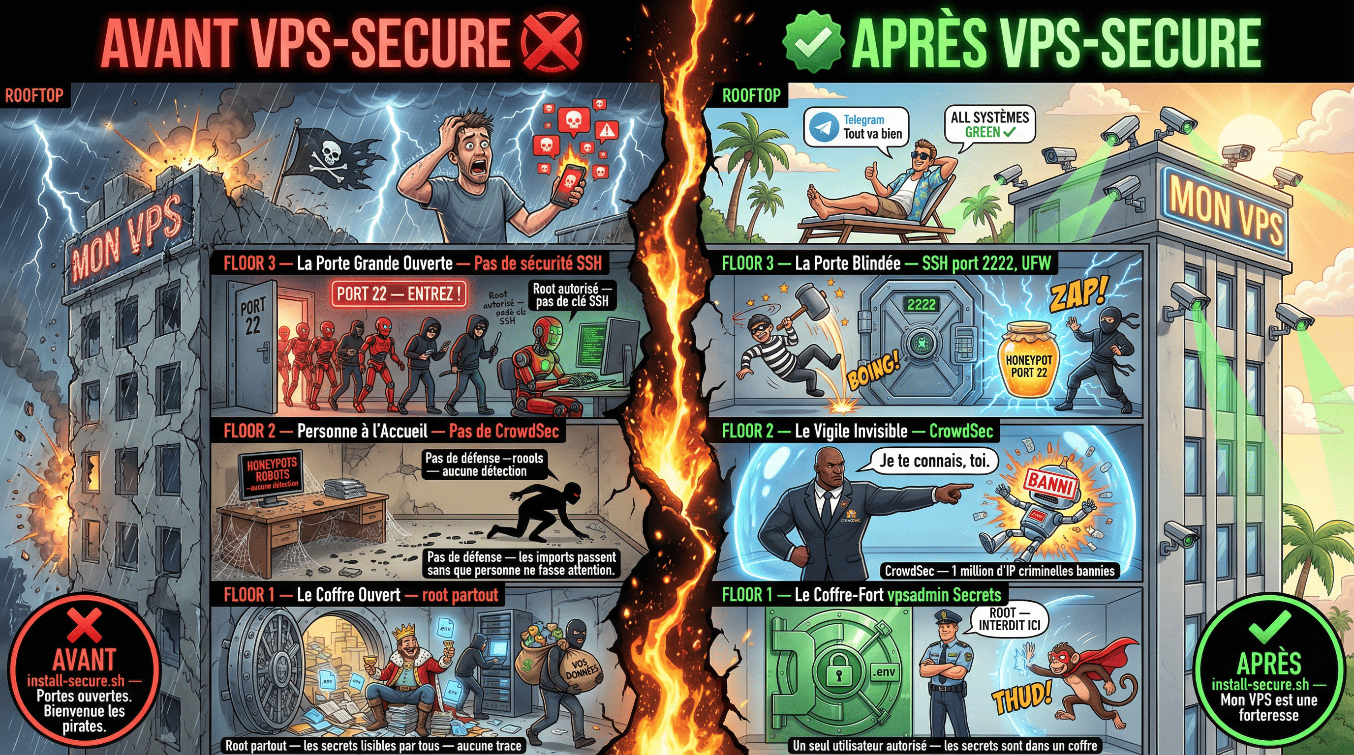 Dashboard VPS-SECURE — score Lynis 86, statut CrowdSec, AIDE, auditd
