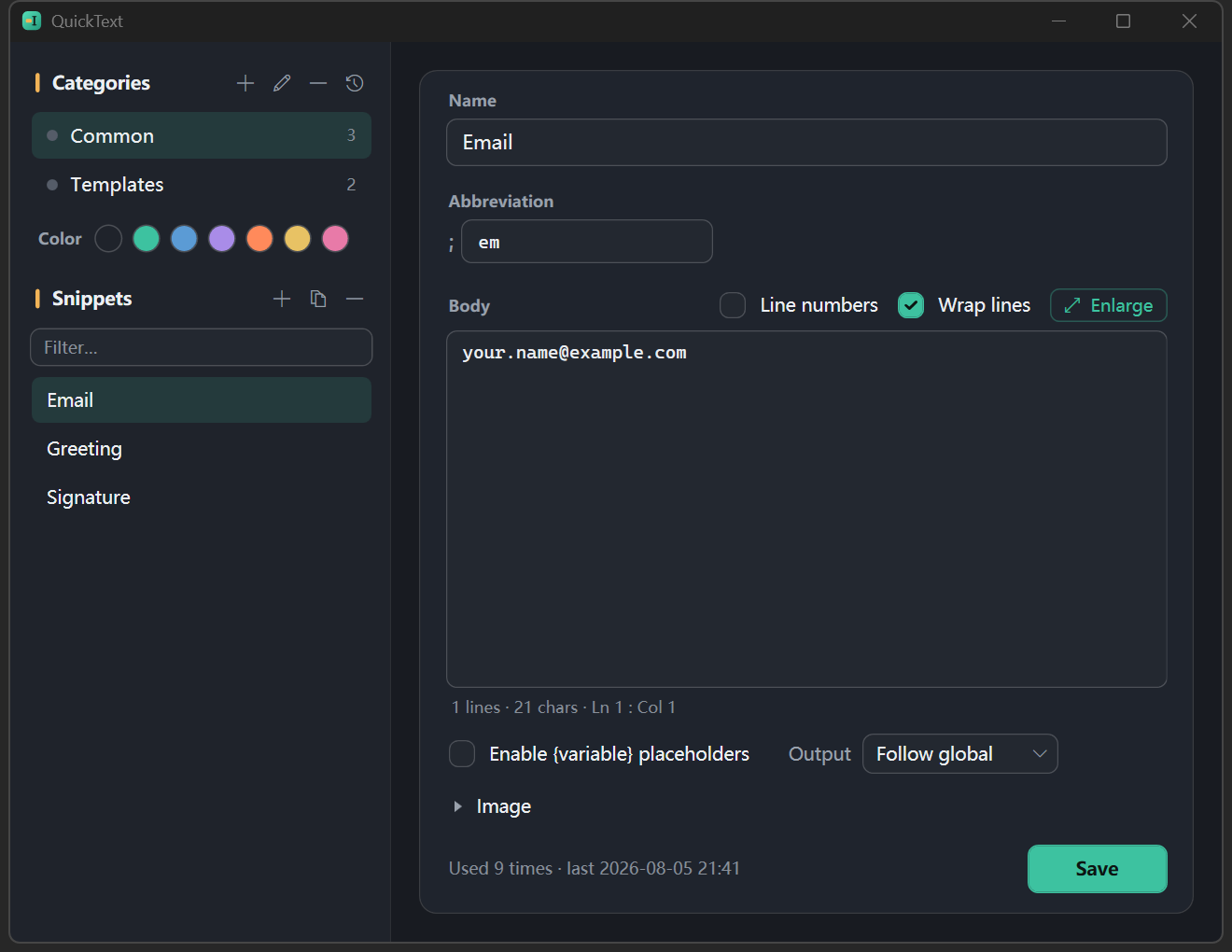 Manager: categories on the left, snippets in the middle, the editor on the right