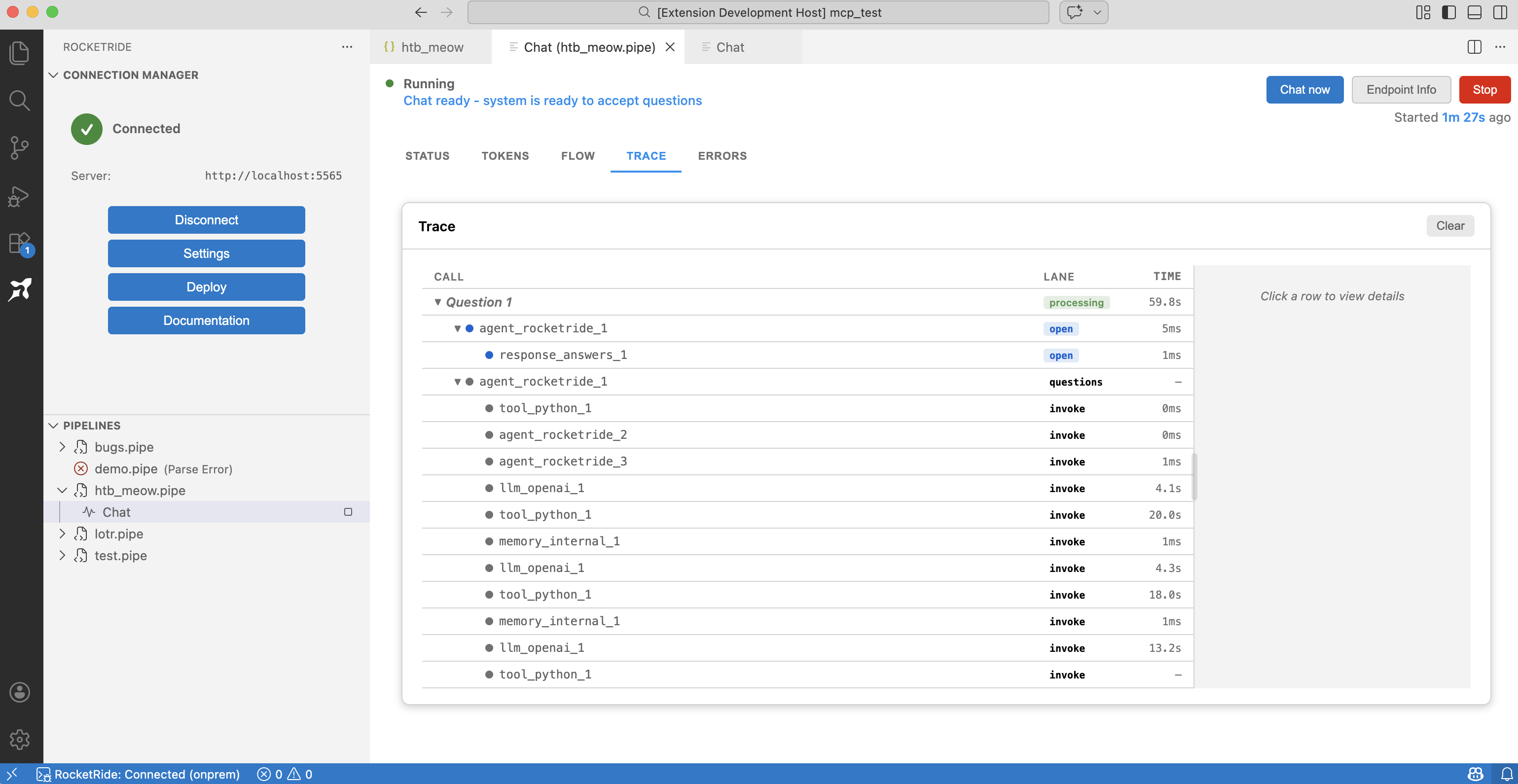 RocketRide debugging and live traces