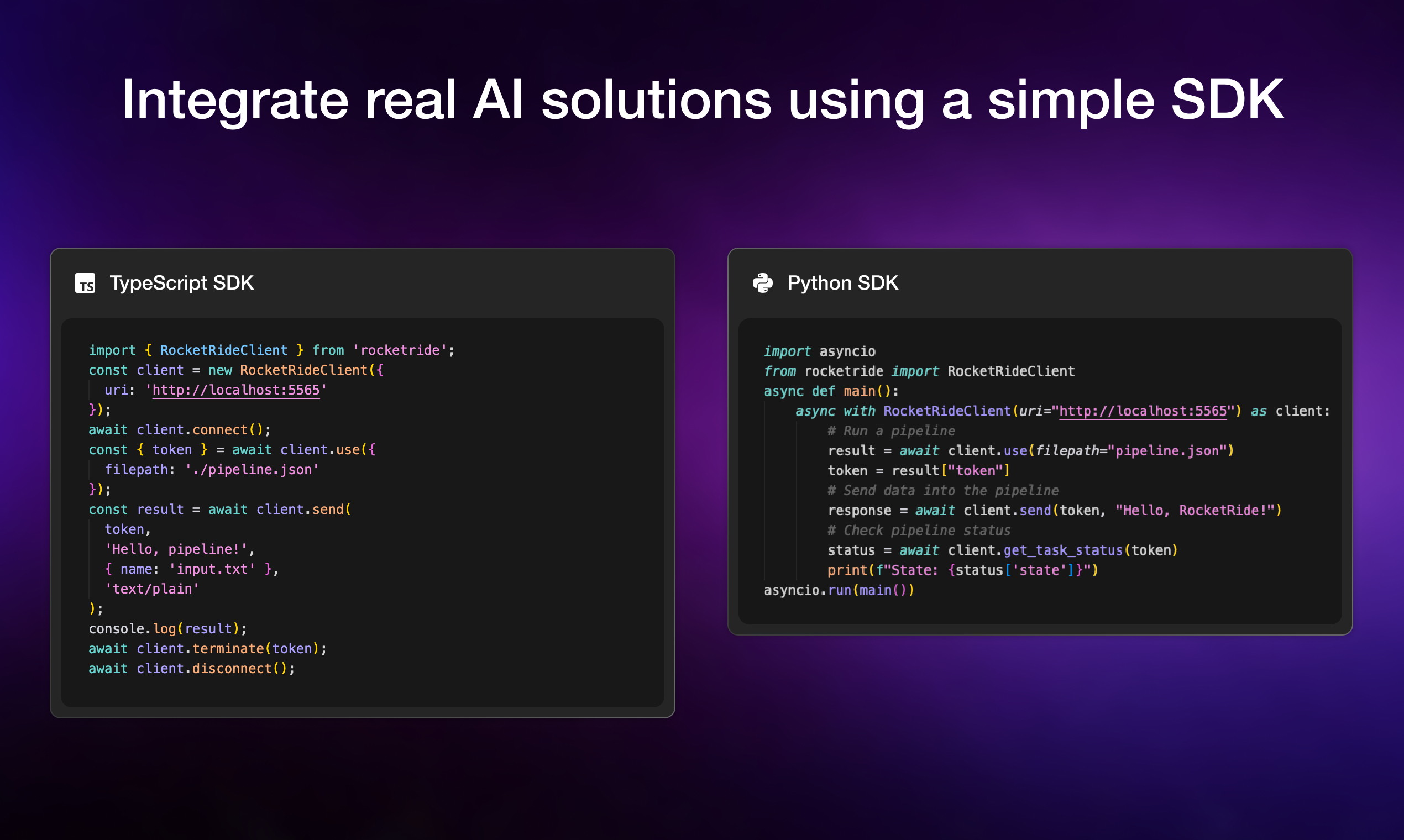 Integrate real AI solutions using a simple SDK
