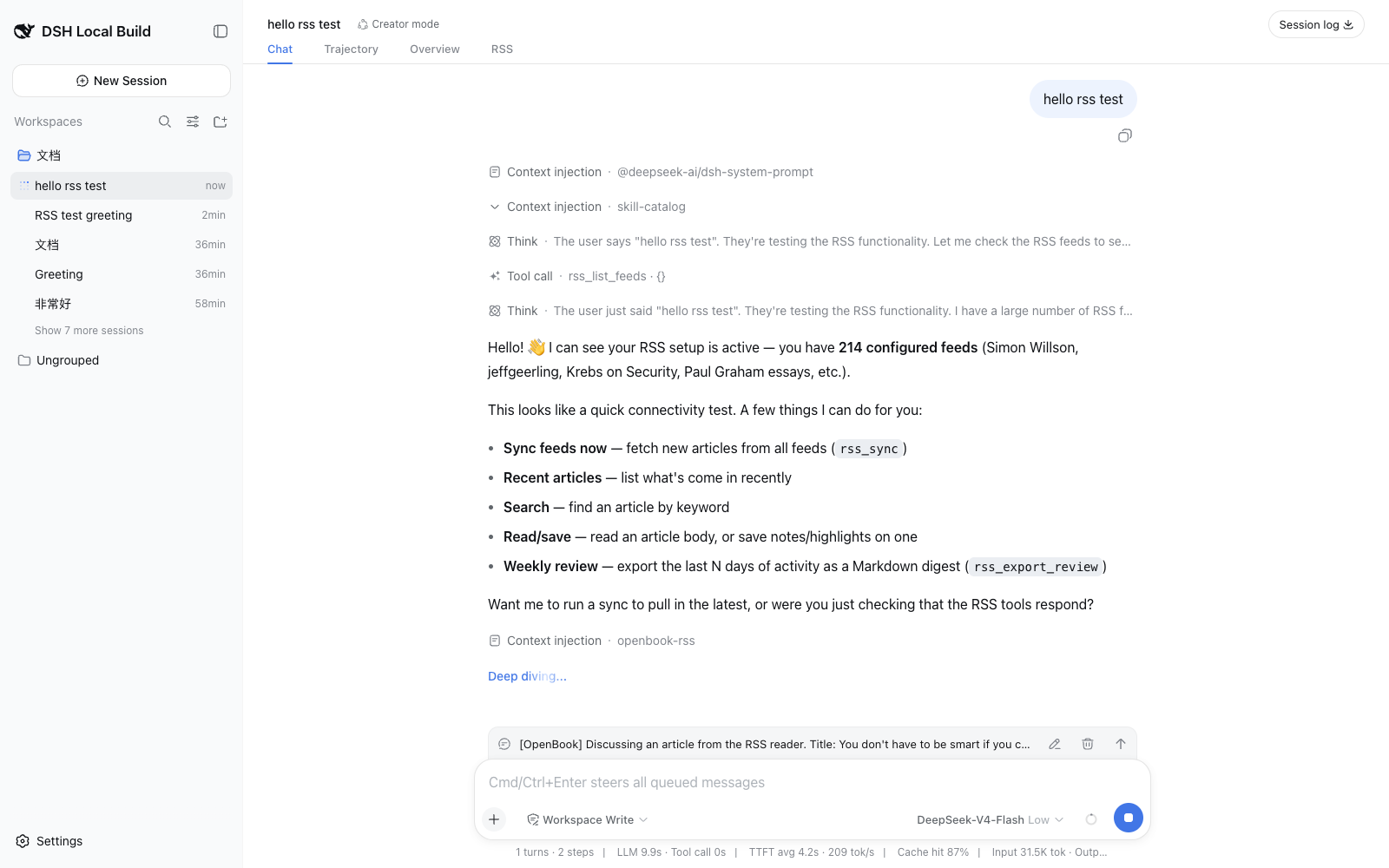 Discussing an article pushes it into the conversation and switches back to Chat