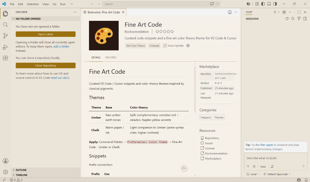 Fine Art Code – Chalk theme active in Cursor