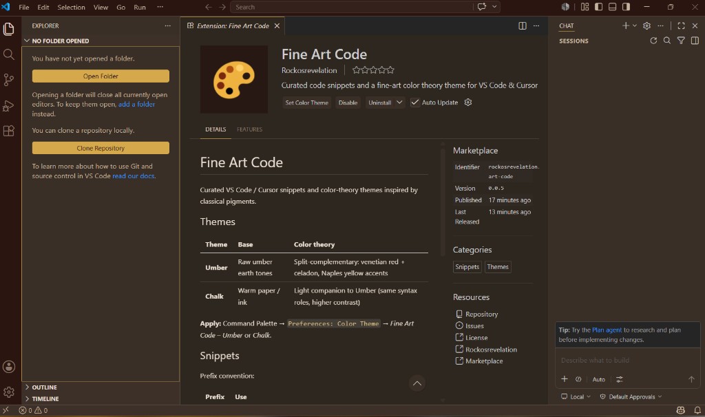 Fine Art Code – Umber theme active in Cursor