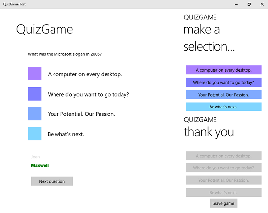 QuizGame local test mode showing the host and two clients