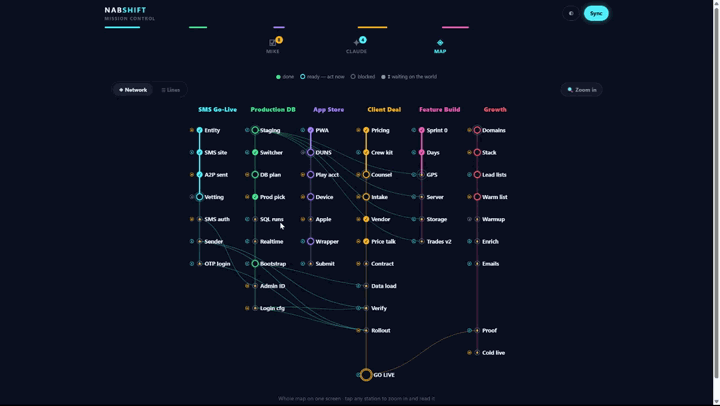 The whole map, then zoom in and complete a task — the 🔓 toast names everything it unblocked