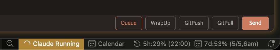 cli-launcher HUD status bar — Running + 5h 29% + 7d 53% + next reset time