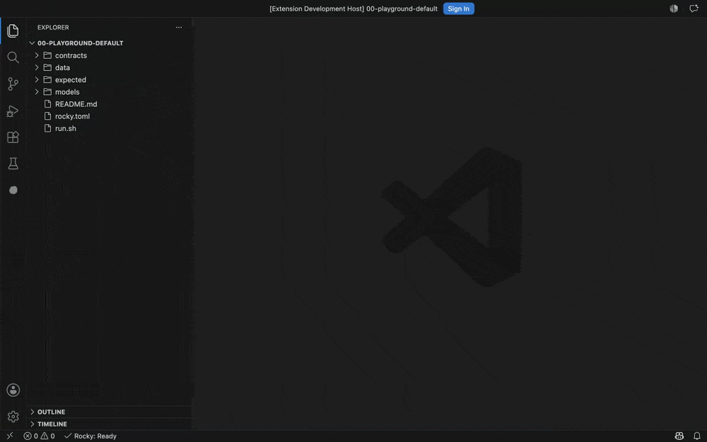 A Rocky DSL model on the left and its compiled SQL on the right, updating live