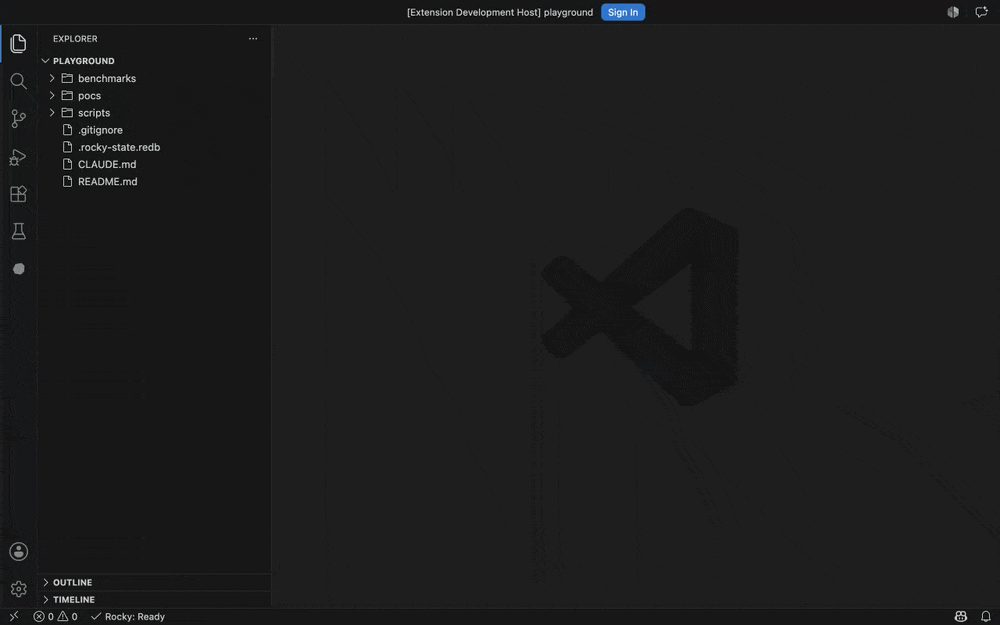 Opening the command palette filtered to the Rocky commands