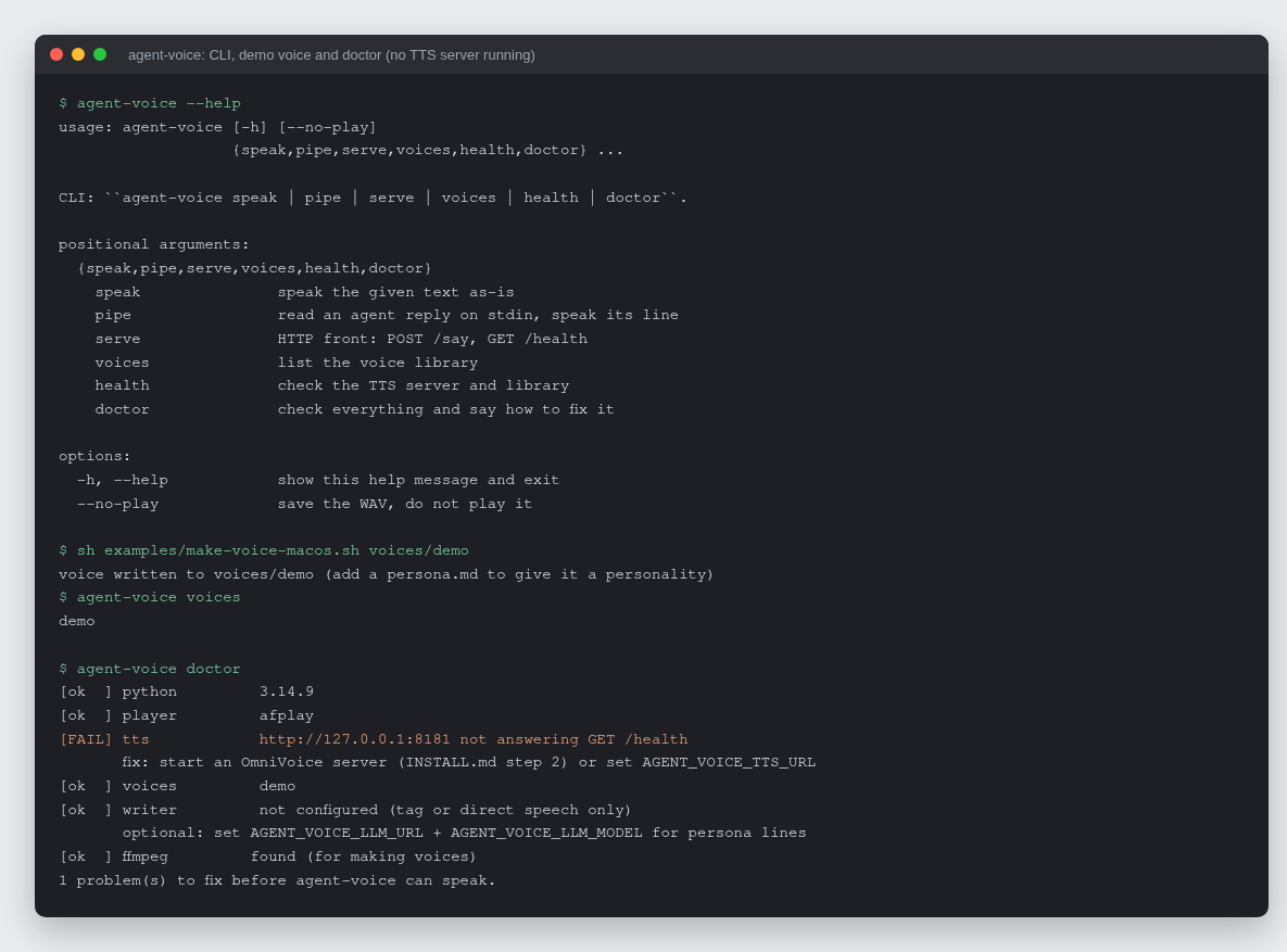 agent-voice CLI help, a demo voice and the doctor check