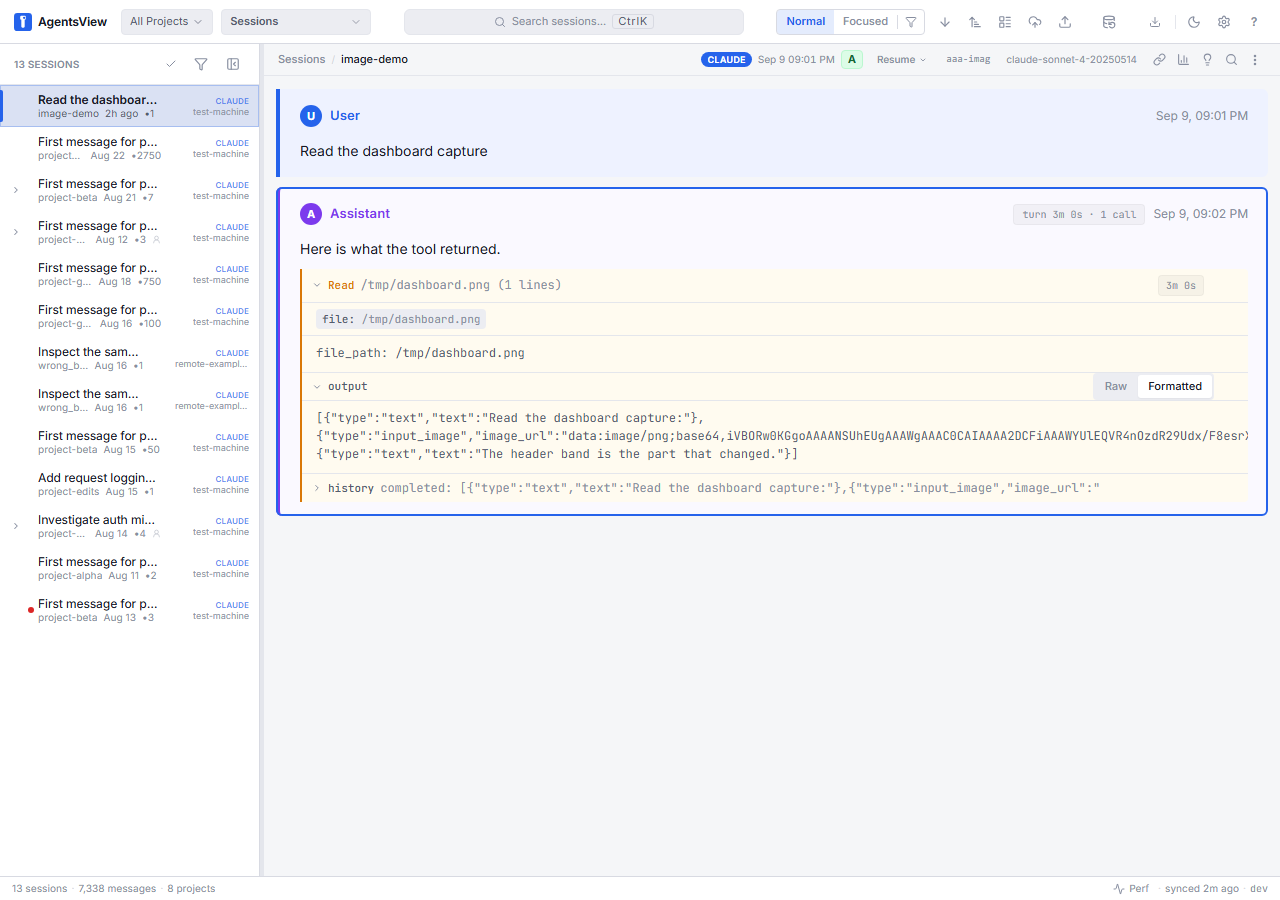 Tool output before migration, showing a base64 data URI inline in the stored result