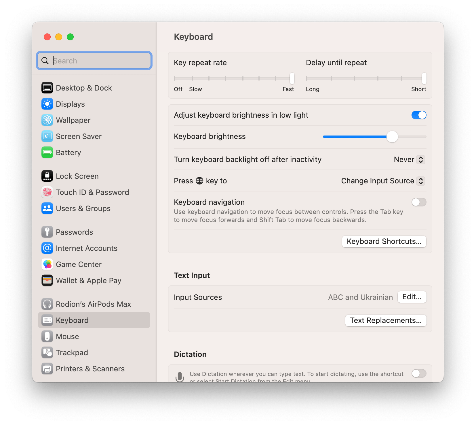 MacOS keyboard settings