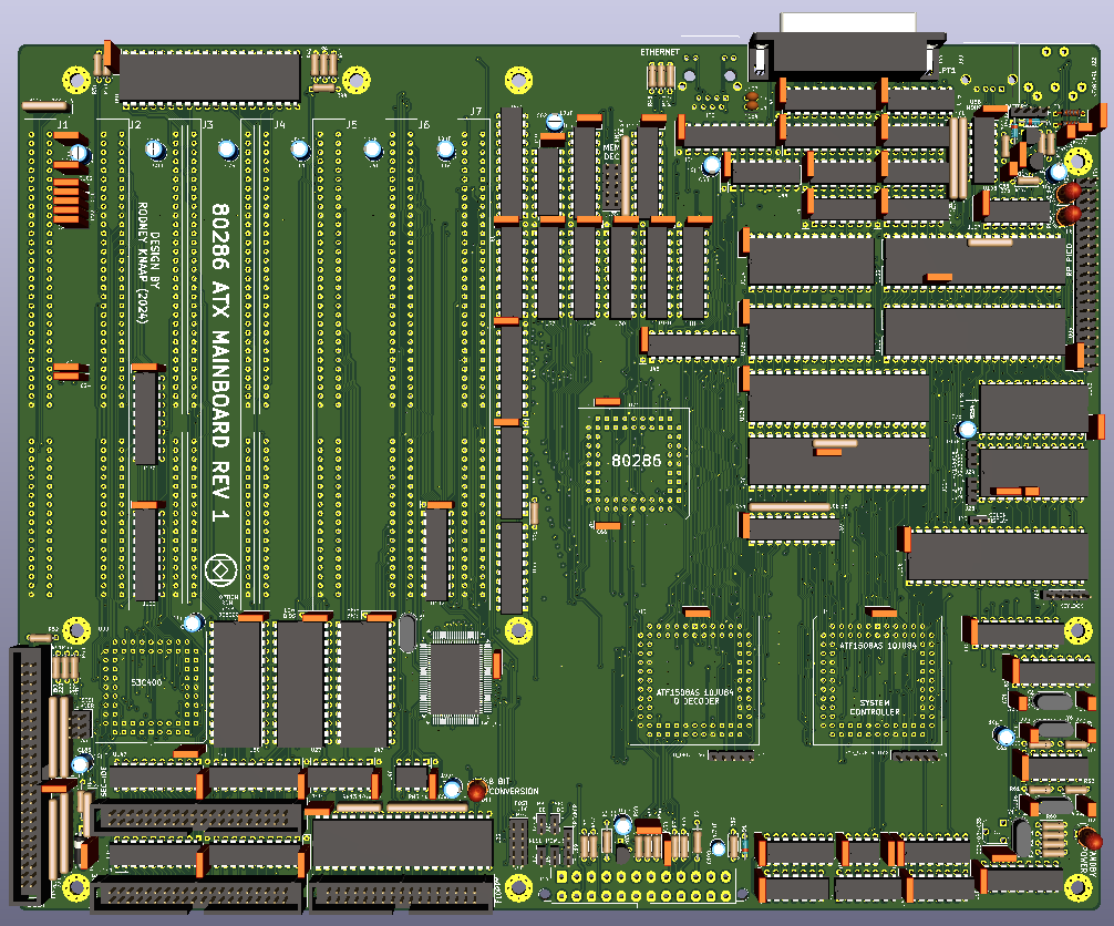 A 3D view picture of the mainboard design generated by KiCad