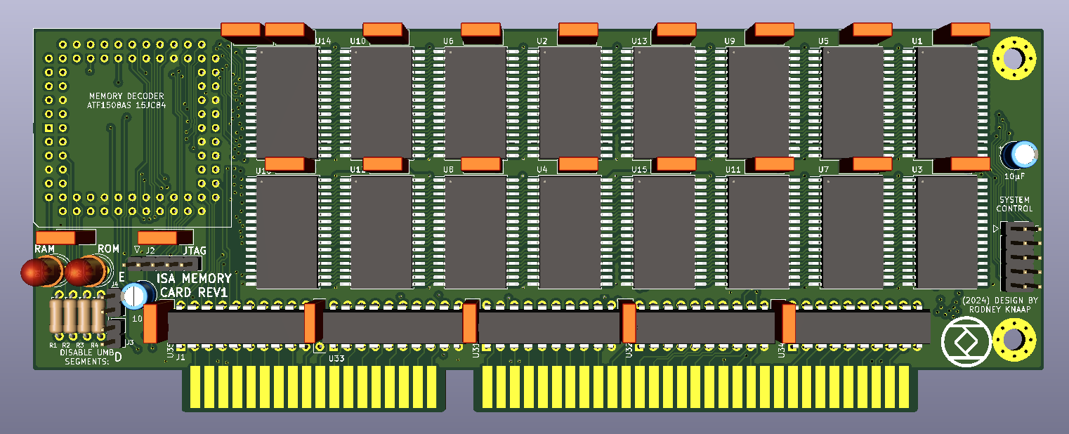 A 3D view picture of the ISA Memory card design generated by KiCad