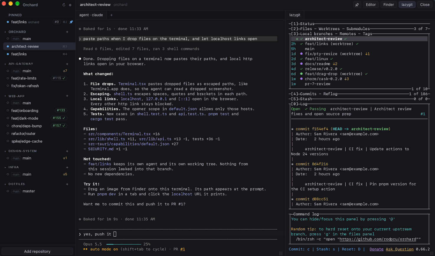 Orchard with Claude Code in the agent terminal and lazygit beside it