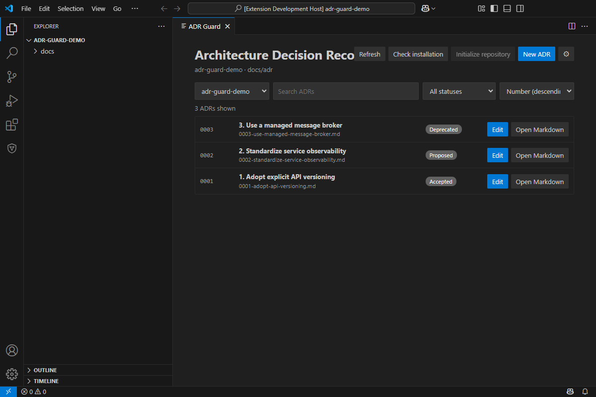ADR Guard visual list in the VS Code Extension Development Host