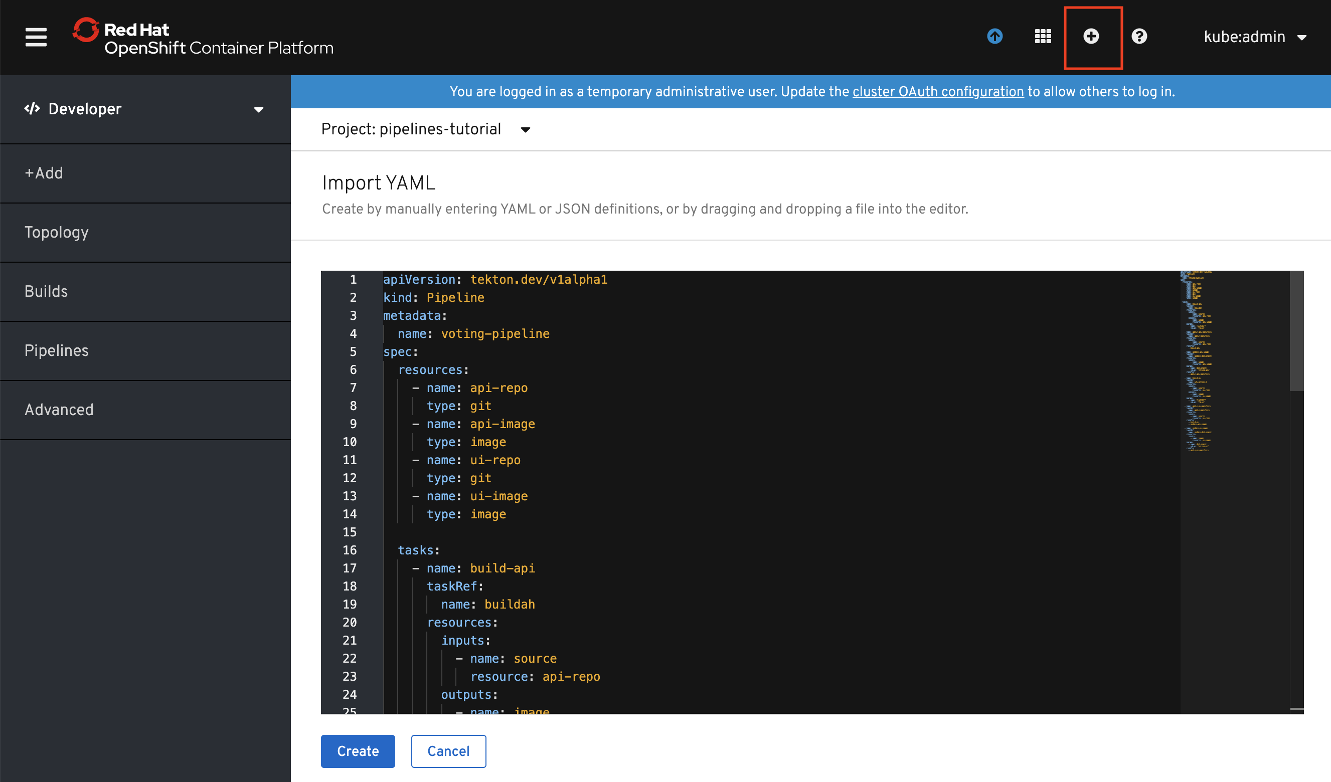 OpenShift Console - Import Yaml