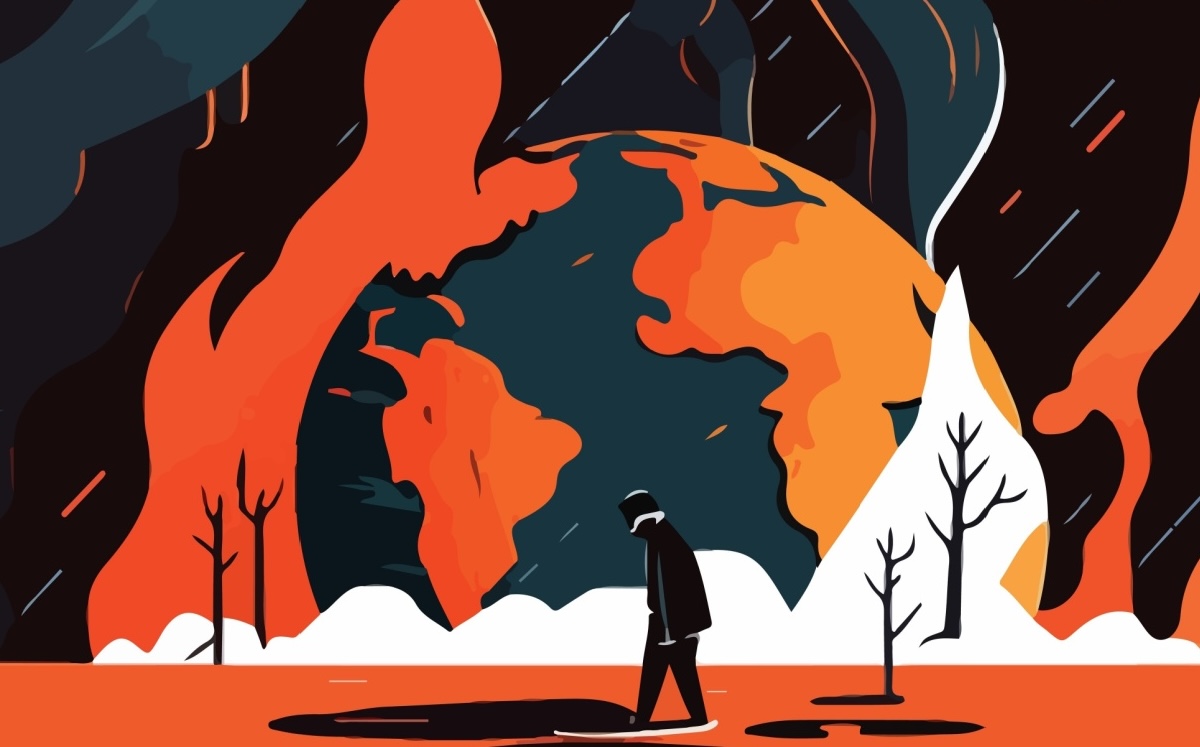 Una persona caminando cabizbaja con el mundo quemándose de fondo