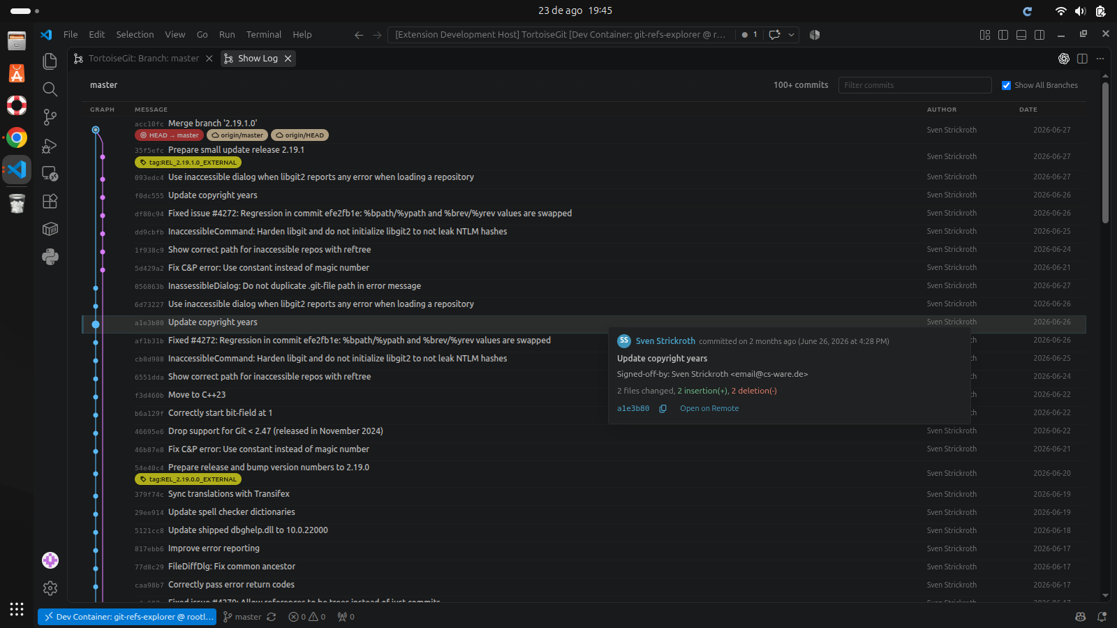 Show Log with compact commits, reference badges, and expanded file changes