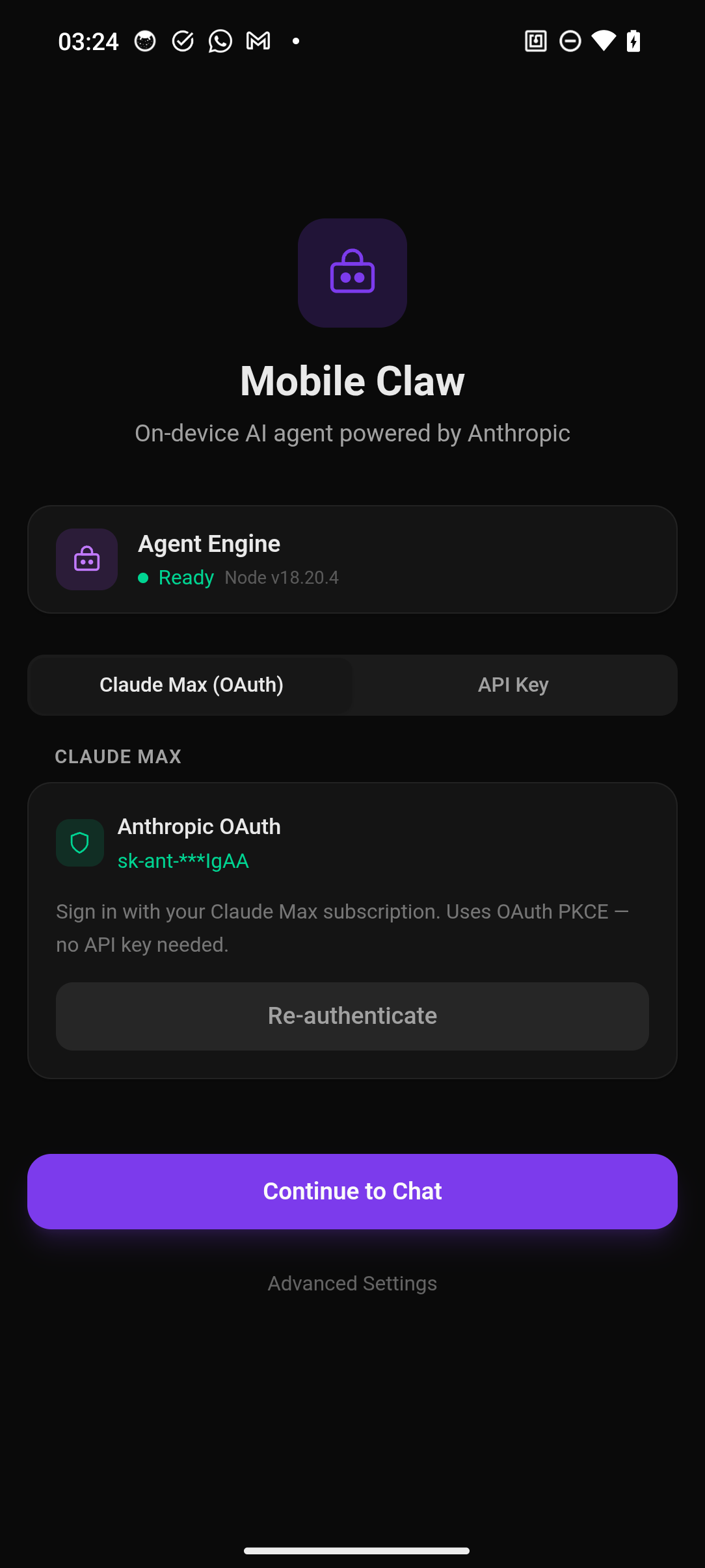 Setup screen — engine ready, auth config