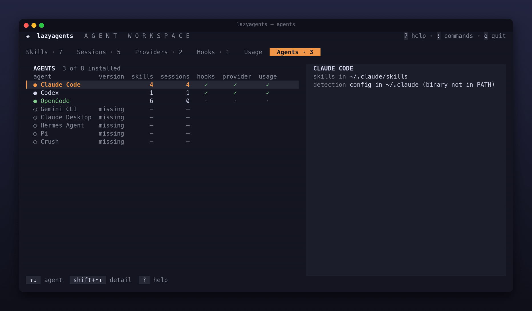 Agents tab: what was detected