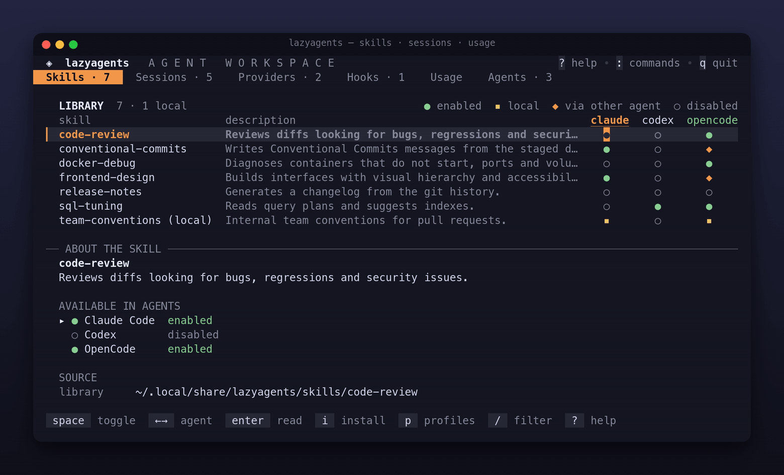 lazyagents: a skill enabled in every agent with one key, sessions from Claude Code and Codex in one list, a transcript read as a log, subscription limits