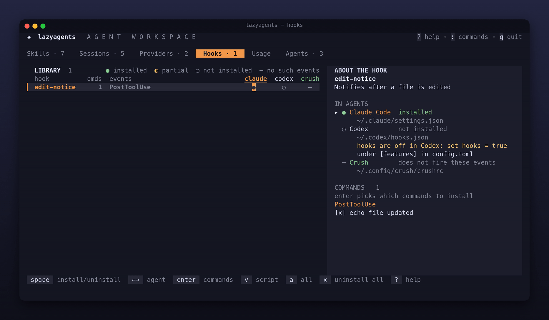 Hooks tab: one command, every agent