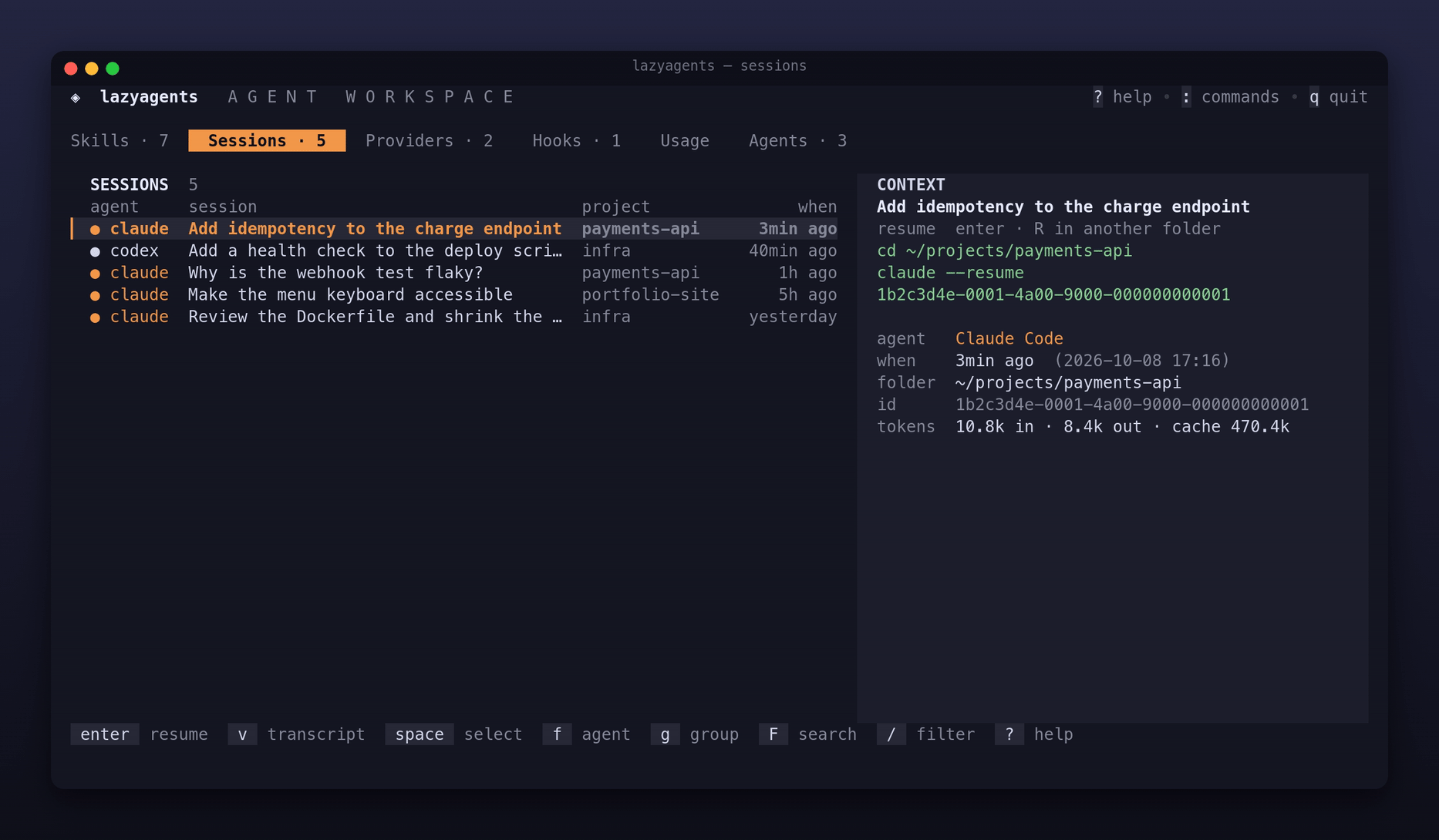 Sessions tab: every agent's history, searched and read as a log