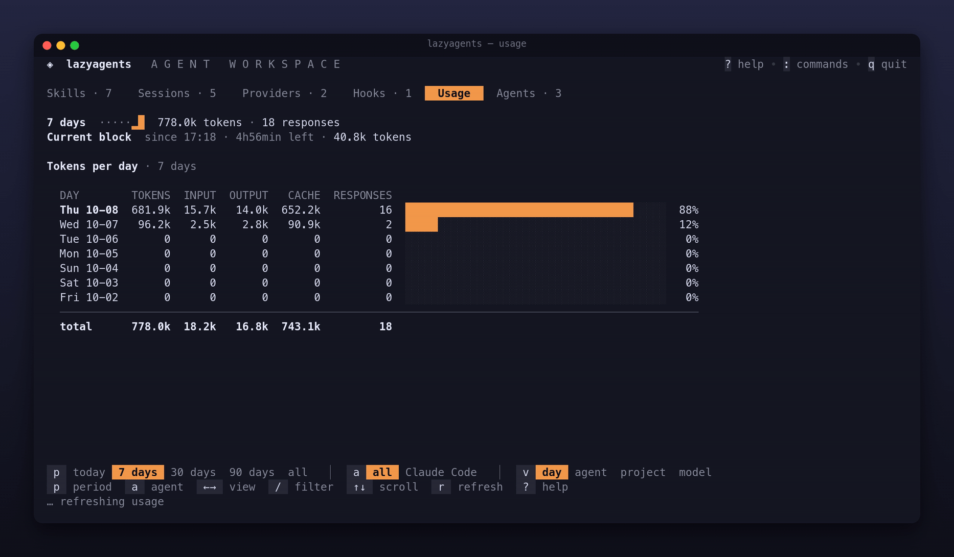 Usage tab: limits and tokens per day, agent, project