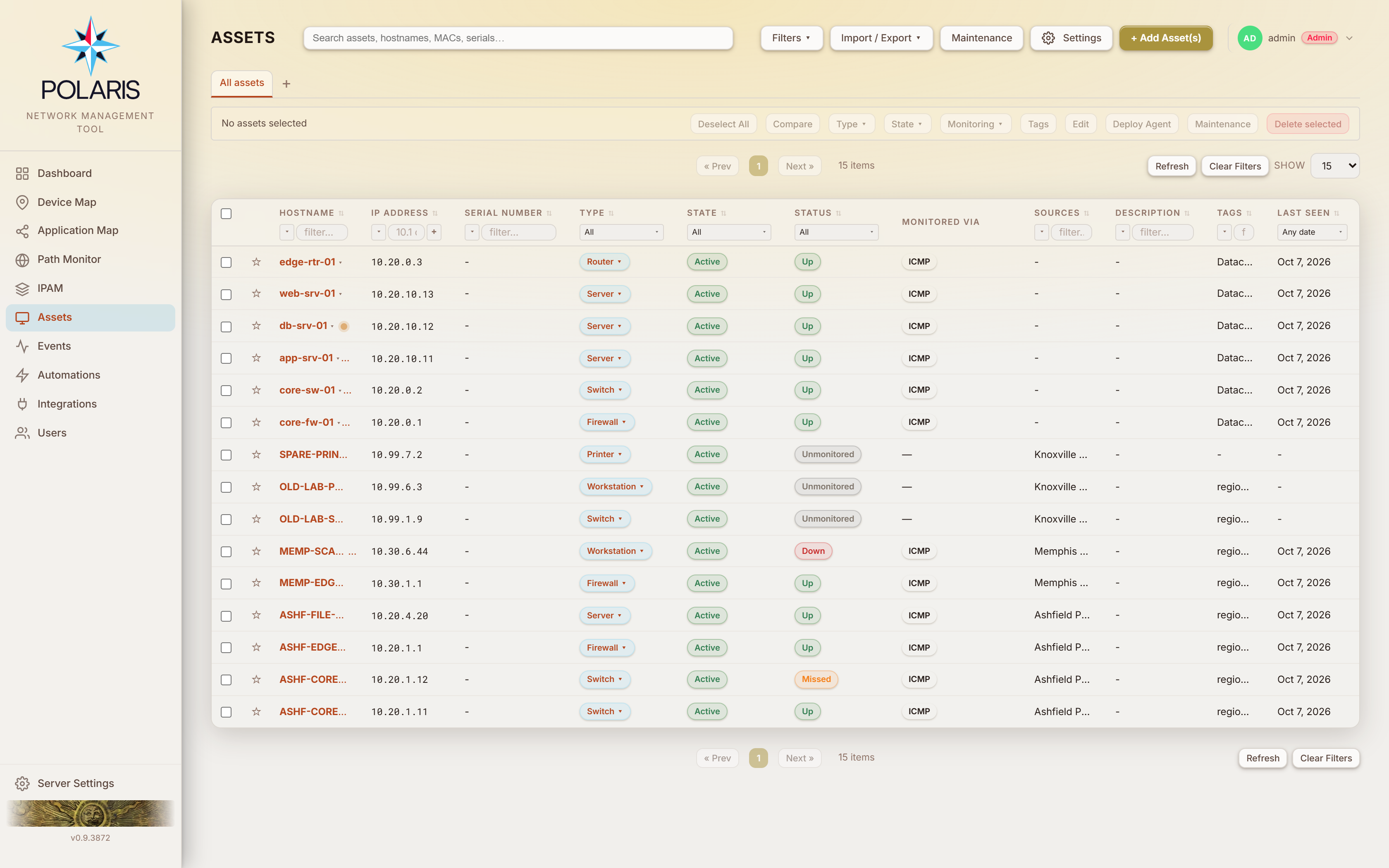 The Assets table: hostname, IP, serial, type, state, monitor status, monitoring transport, sources, tags and last seen, with a per-column filter row and a bulk-action bar above it.