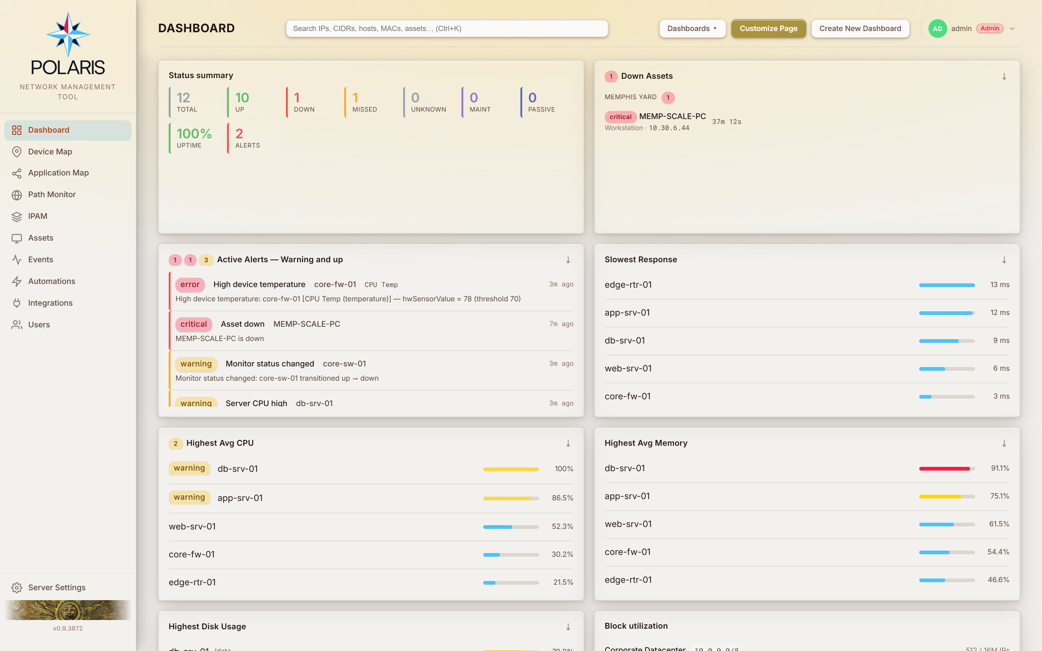 The Polaris dashboard: status tiles counting monitored assets by state, an active-alert feed, a down-asset list grouped by site, and ranked CPU, memory and response-time widgets.