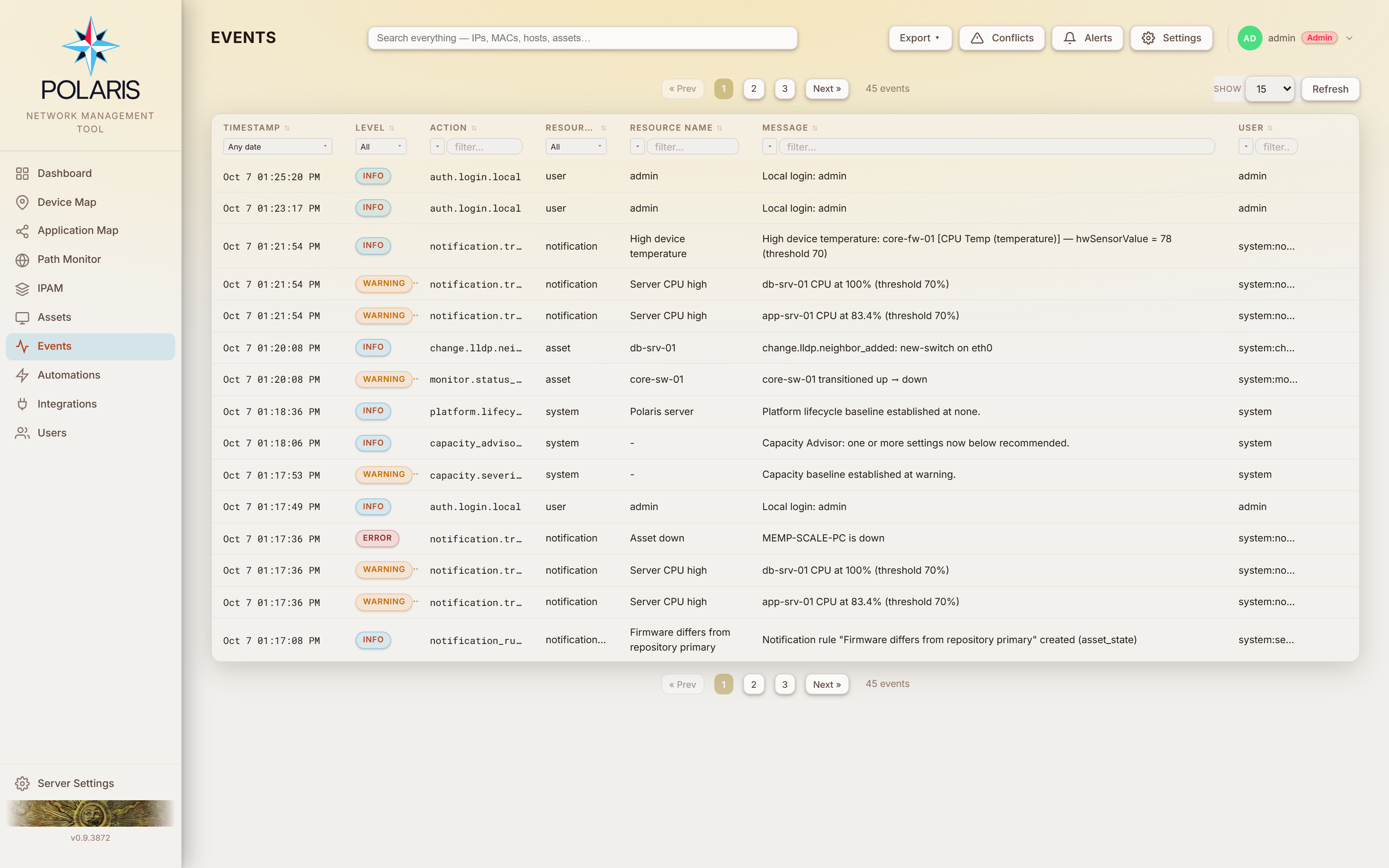 The Events page: a filterable, time-ordered audit log of configuration changes and discovery activity.