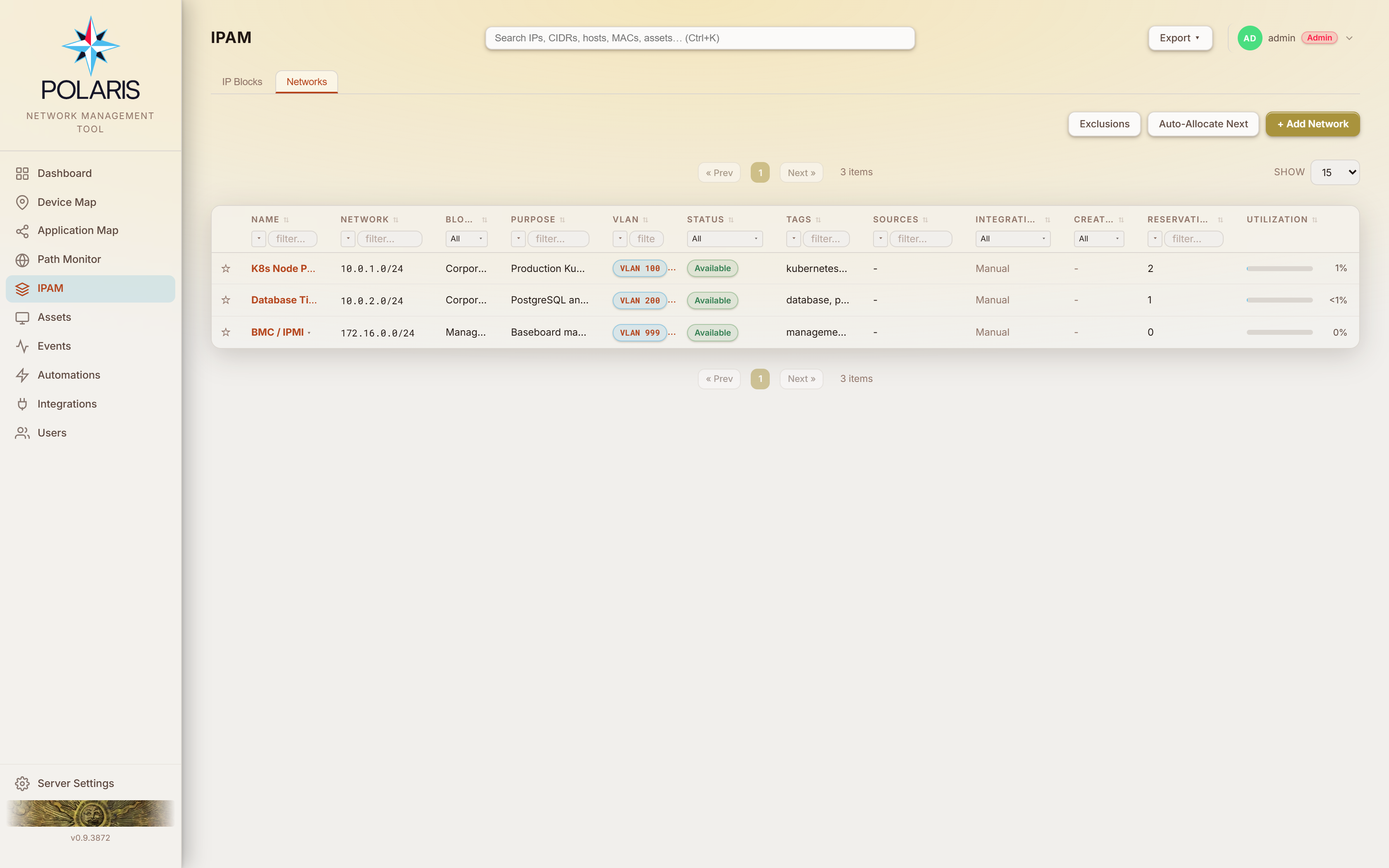 The IPAM page's Networks tab: each network's CIDR, parent block, purpose, VLAN, status, tags, reservation count and utilization bar.