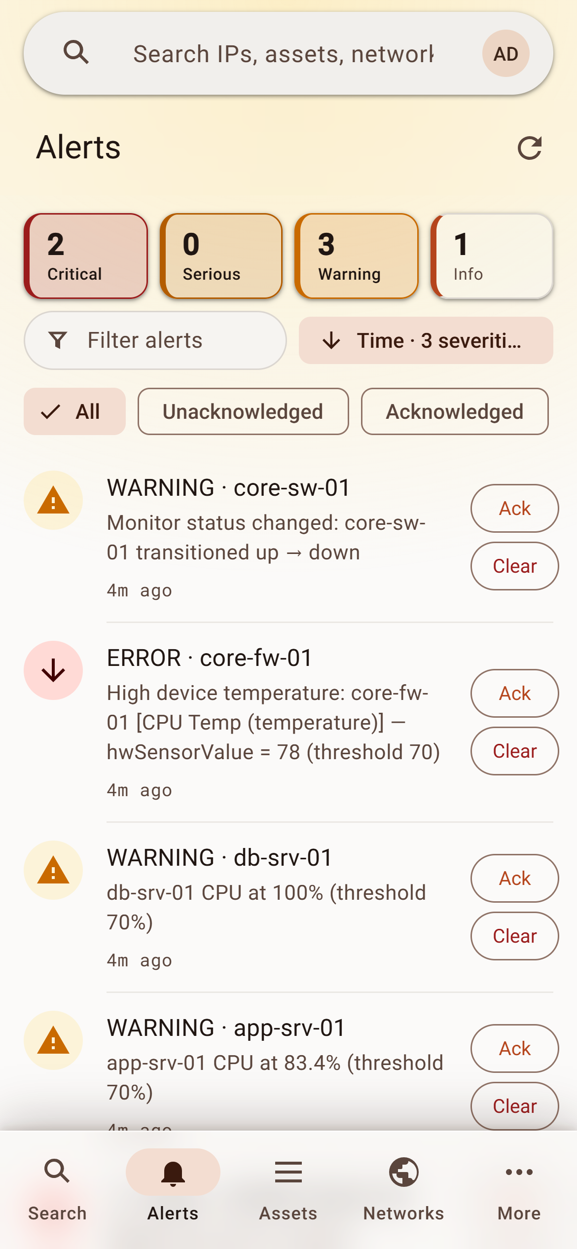 The Polaris mobile web app's Alerts tab: severity count tiles, filter and sort controls, and an alert list with Ack and Clear buttons, above the bottom tab bar.