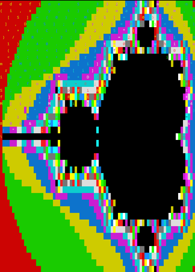 Color output showing the Mandelbrot fractal and the source code interleaved into one image.