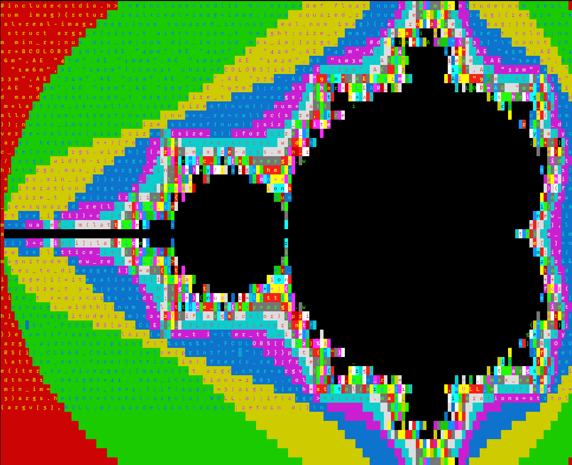 (bigger) Color output showing the Mandelbrot fractal and the source code interleaved into one image.