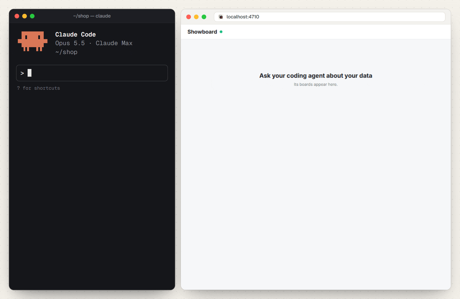 Claude Code in a terminal beside Showboard's page in a browser. Asked for the best seller of 2026 and how it compares with last year, Claude calls Showboard's draw tool and a board appears: $462,088 of Aero Standing Desk revenue in 2026, $275,176 in the same months of 2025, 67.9% growth, a monthly revenue line, 2026 revenue by category and the top 5 products