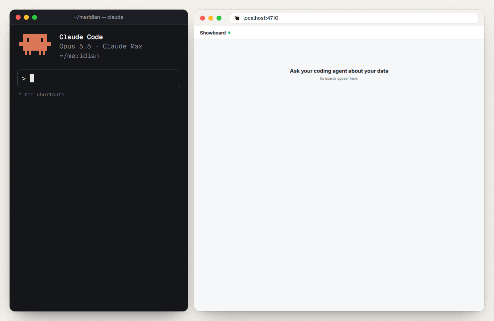 Claude Code in an investing app's folder beside Showboard's page. Asked whether silver went up each time the gold/silver ratio crossed above 90 in the past 2 years, Claude reads gold and silver prices from the app's API and draws a board: the ratio crossed above 90 four times, all in February and March 2025; silver was higher 6 months later all 4 times and 1 month later 3 times out of 4; the ratio is 70.7 today. Line charts of the ratio and of silver mark the stretches above 90, bars show silver's moves 1, 3 and 6 months after each cross, and a table lists each stretch