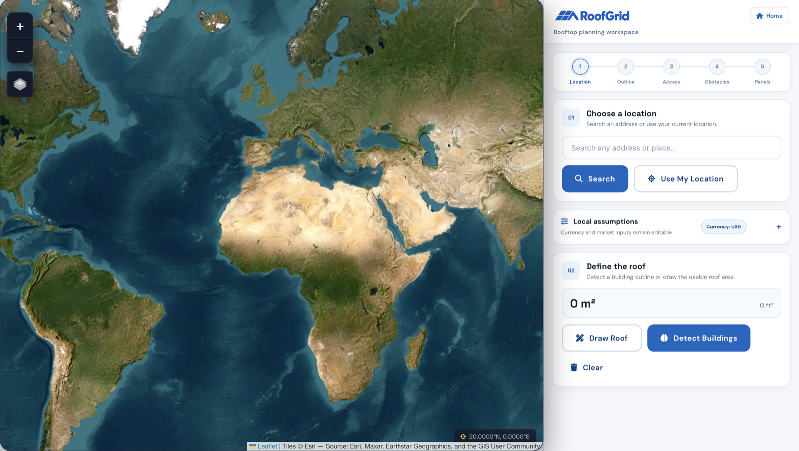 RoofGrid rooftop solar planner showing satellite imagery and rooftop planning tools