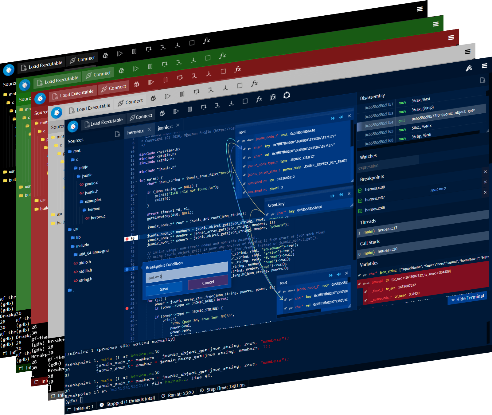 GDBFrontend is an easy, flexible and extensionable gui debugger. gdb-frontend