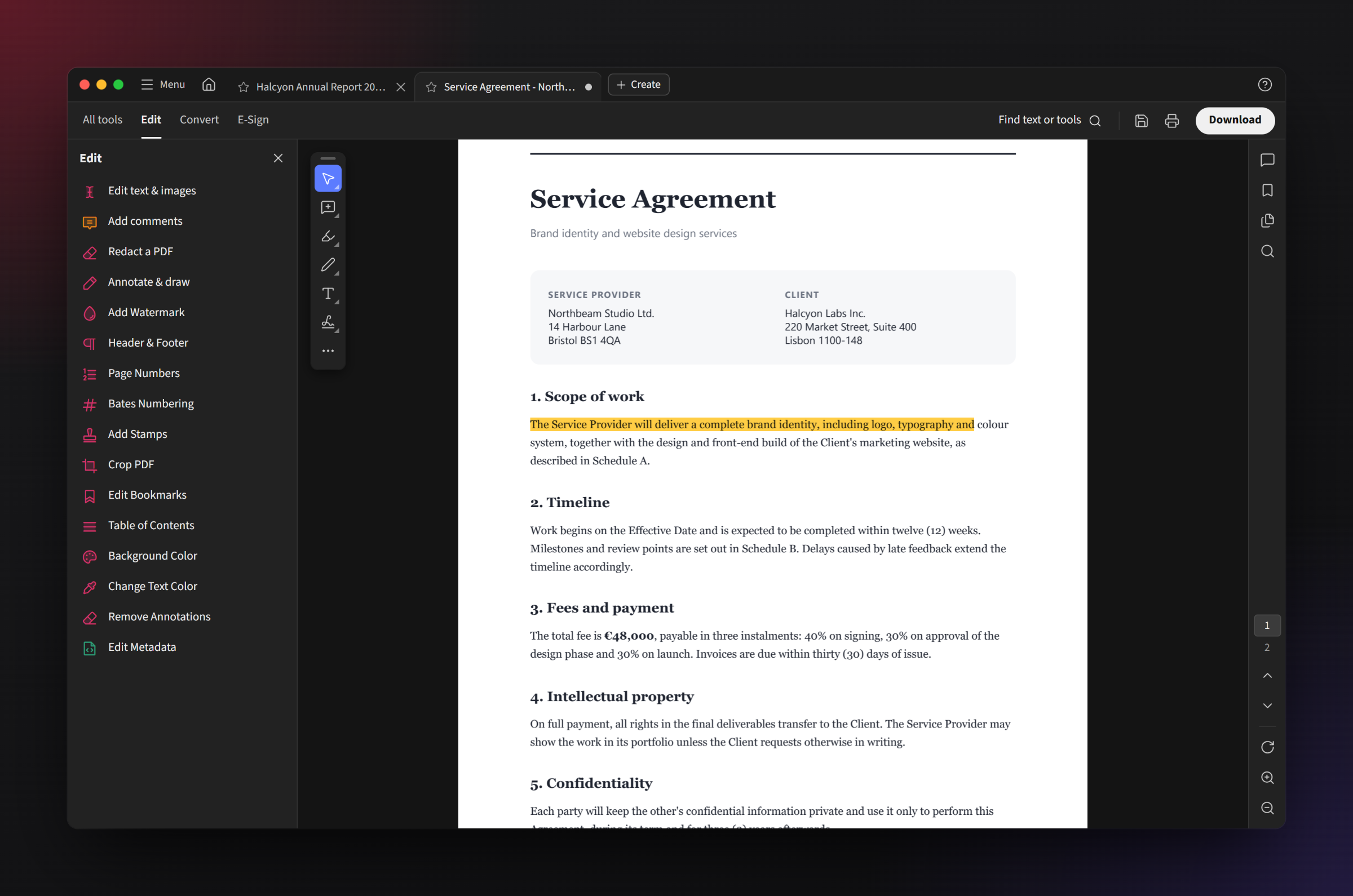 Document view in dark mode with the Edit panel