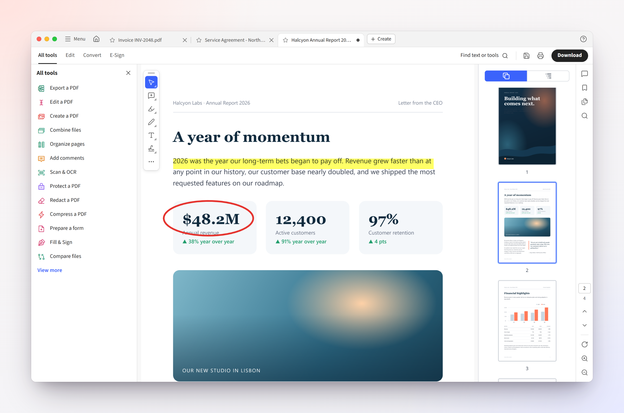 Paperwing showing a document with the tools panel, floating annotation toolbar and page thumbnails